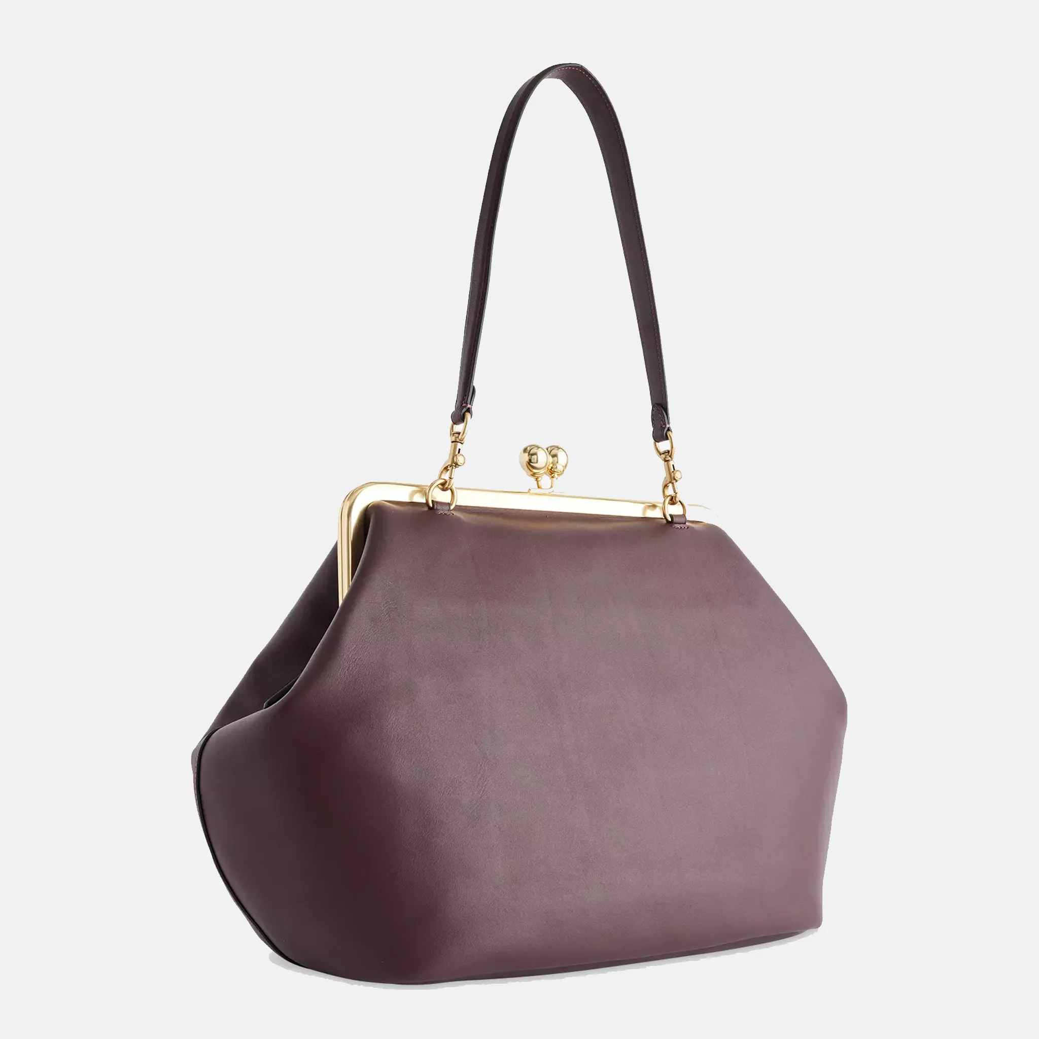 Large Kisslock Frame Shoulder Leather Bag