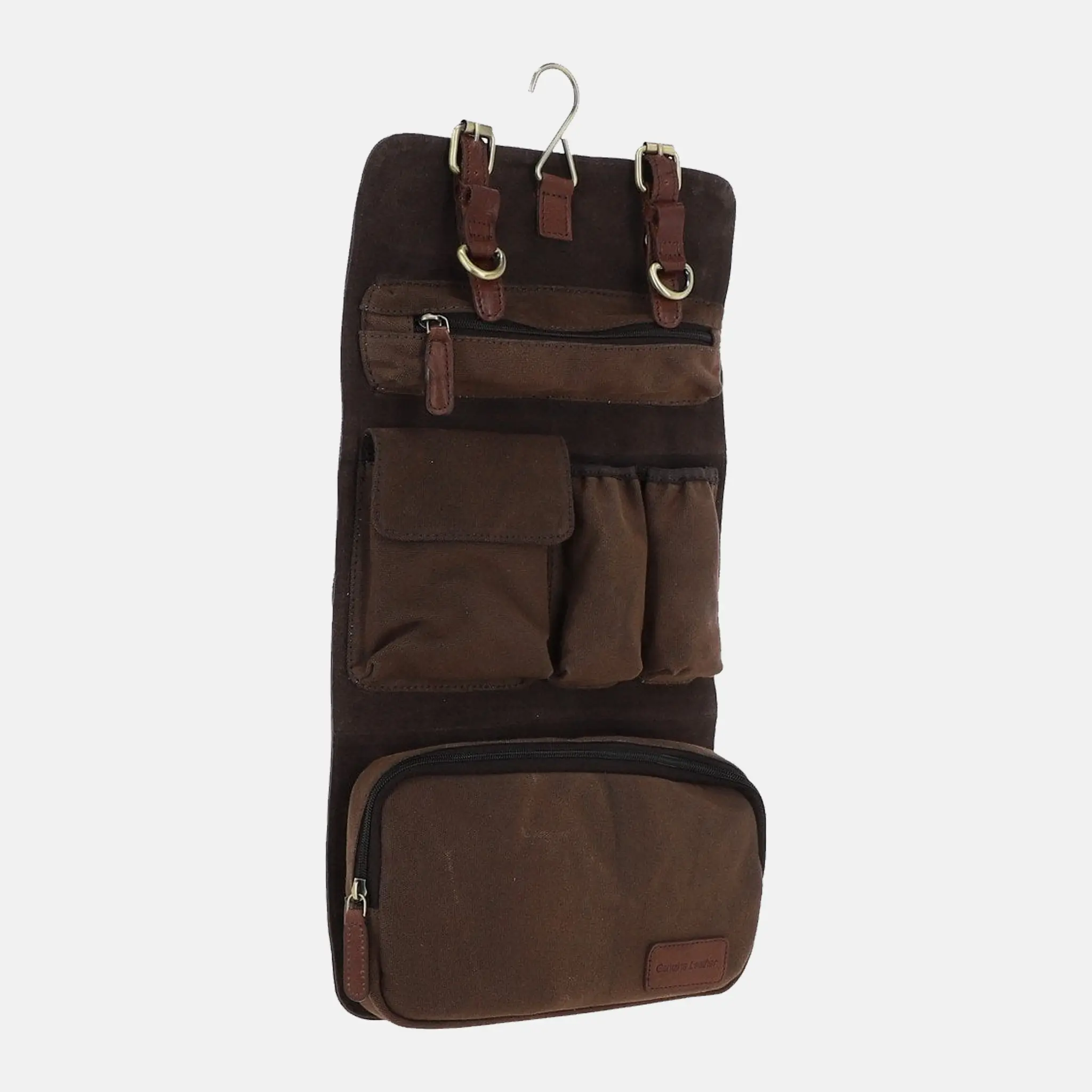 Men's Tan Leather & Canvas Hanging Toiletry Bag