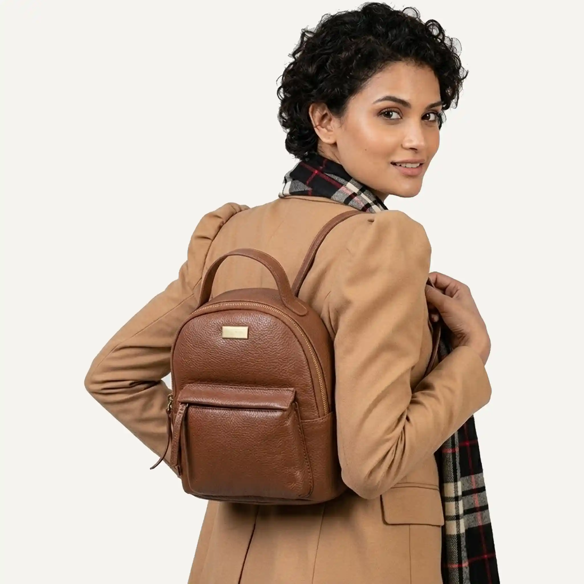 Tan Zip Top Mini Pebble Grain Leather Backpack Back