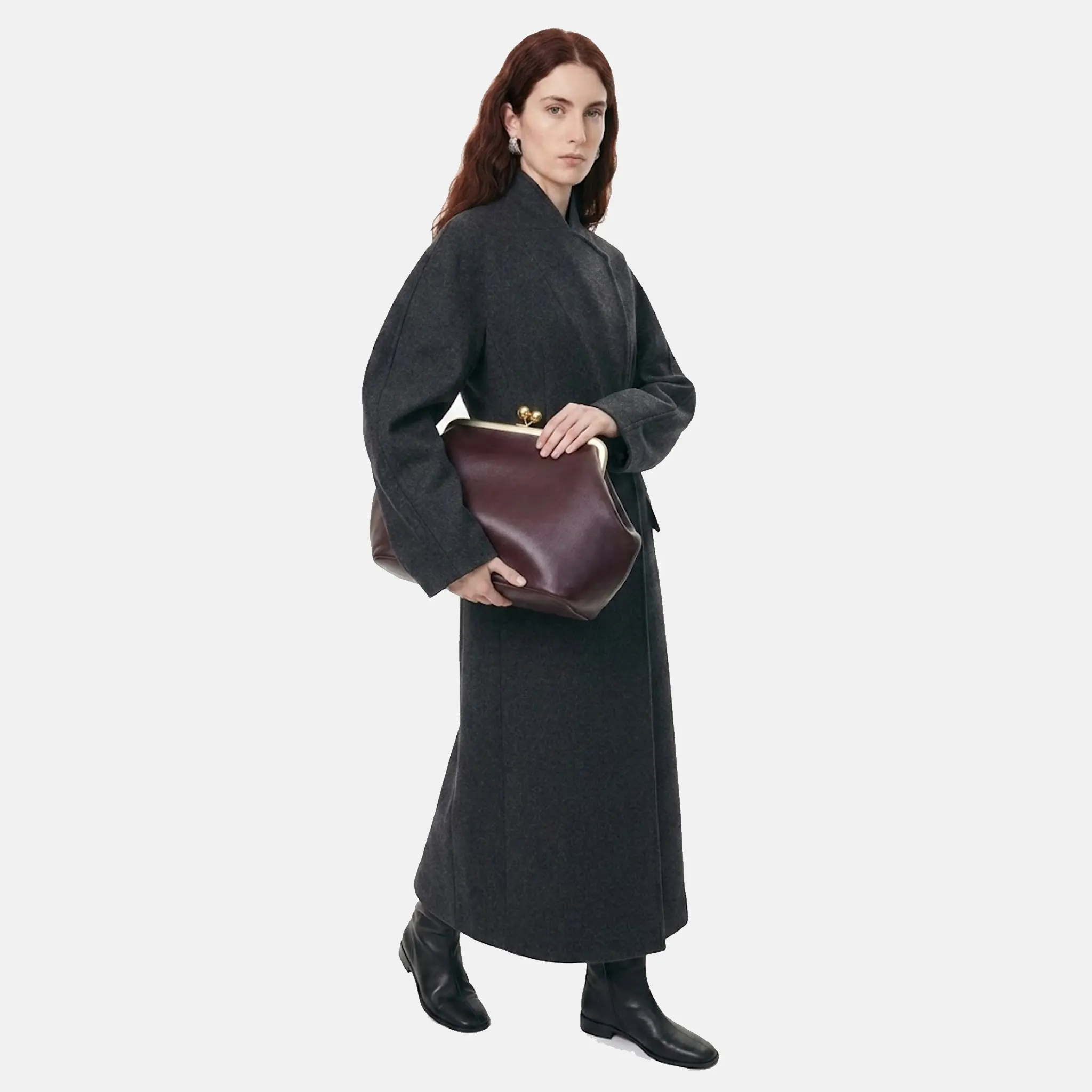 Womens Large Kisslock Frame Leather Shoulder Bag
