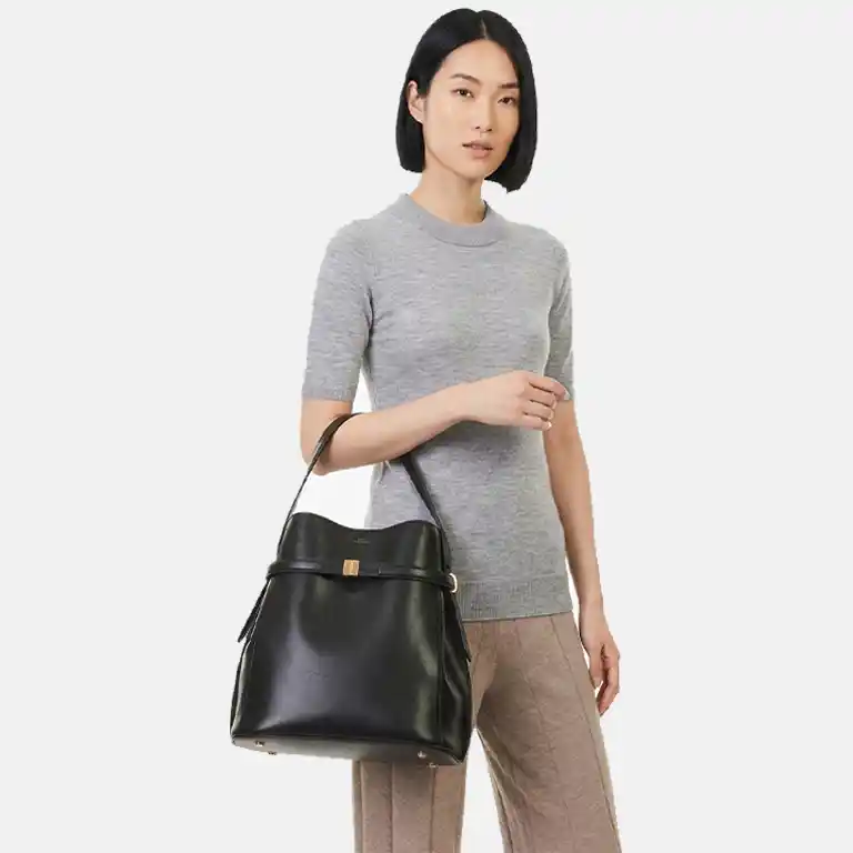 Belted Leather Bucket Bag front