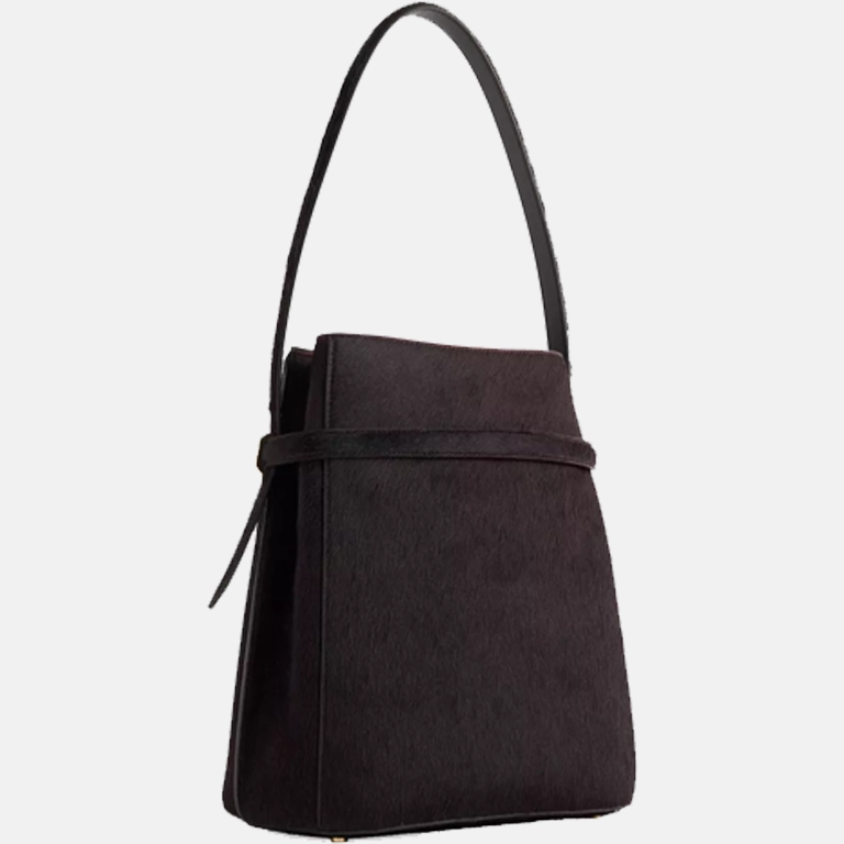Belted Pony Hair Leather Bucket Bag back