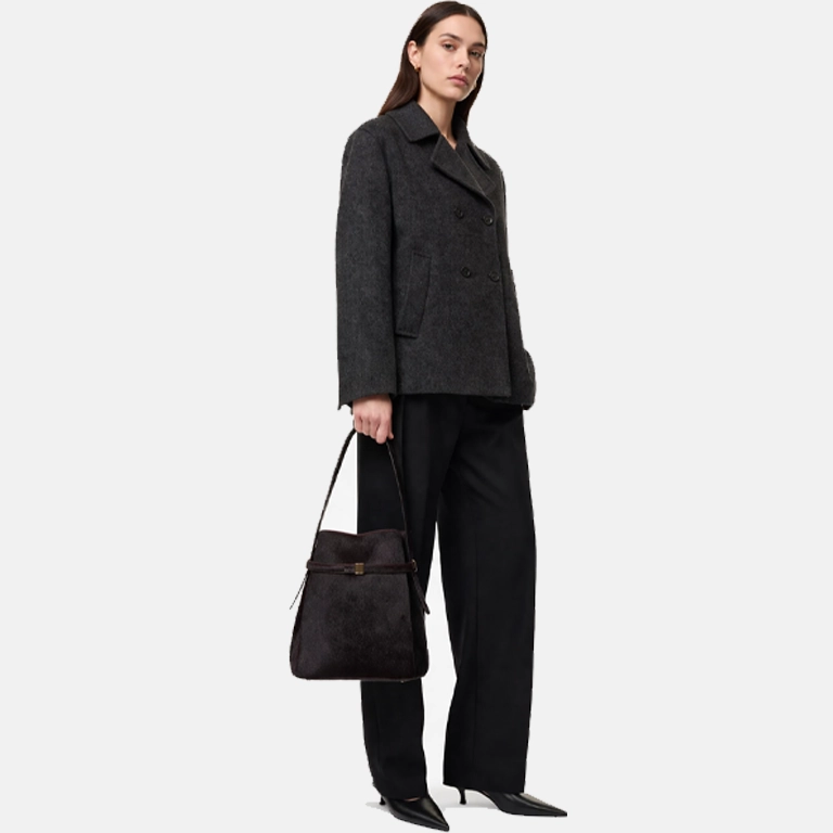 Belted Pony Hair Leather Bucket Bag front
