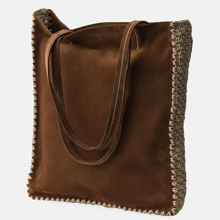Logo-Print Large Suede and Crochet Tote Bag side