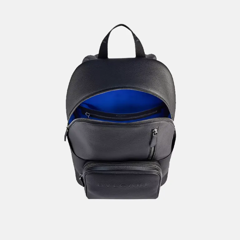 Logo-embossed leather backpack open