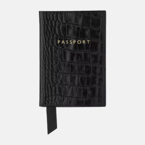 Croc-Embossed Black Leather Passport Holder