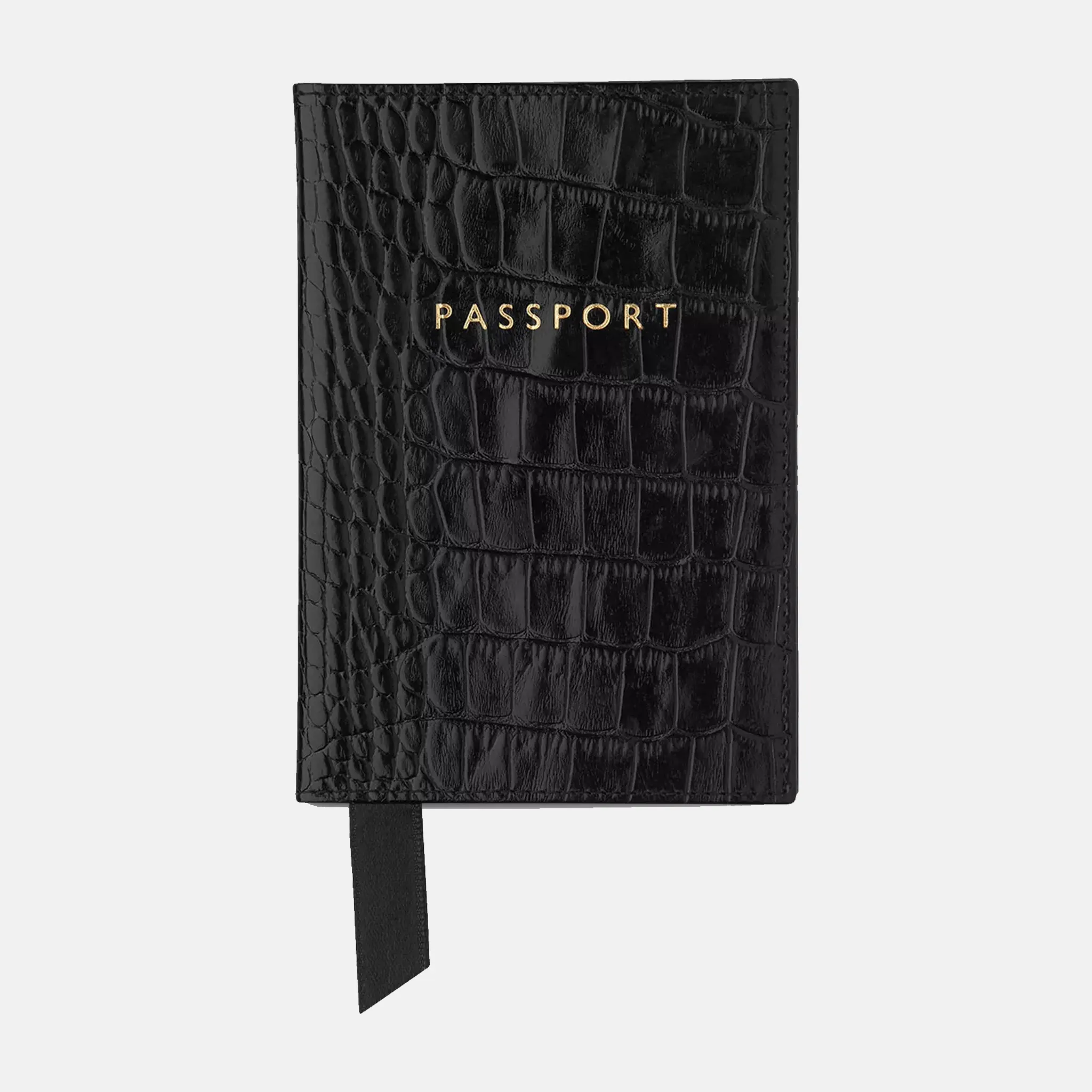 Croc-Embossed Black Leather Passport Holder