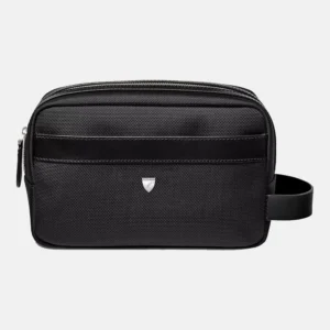 Logo-embellished zipped woven black wash bag