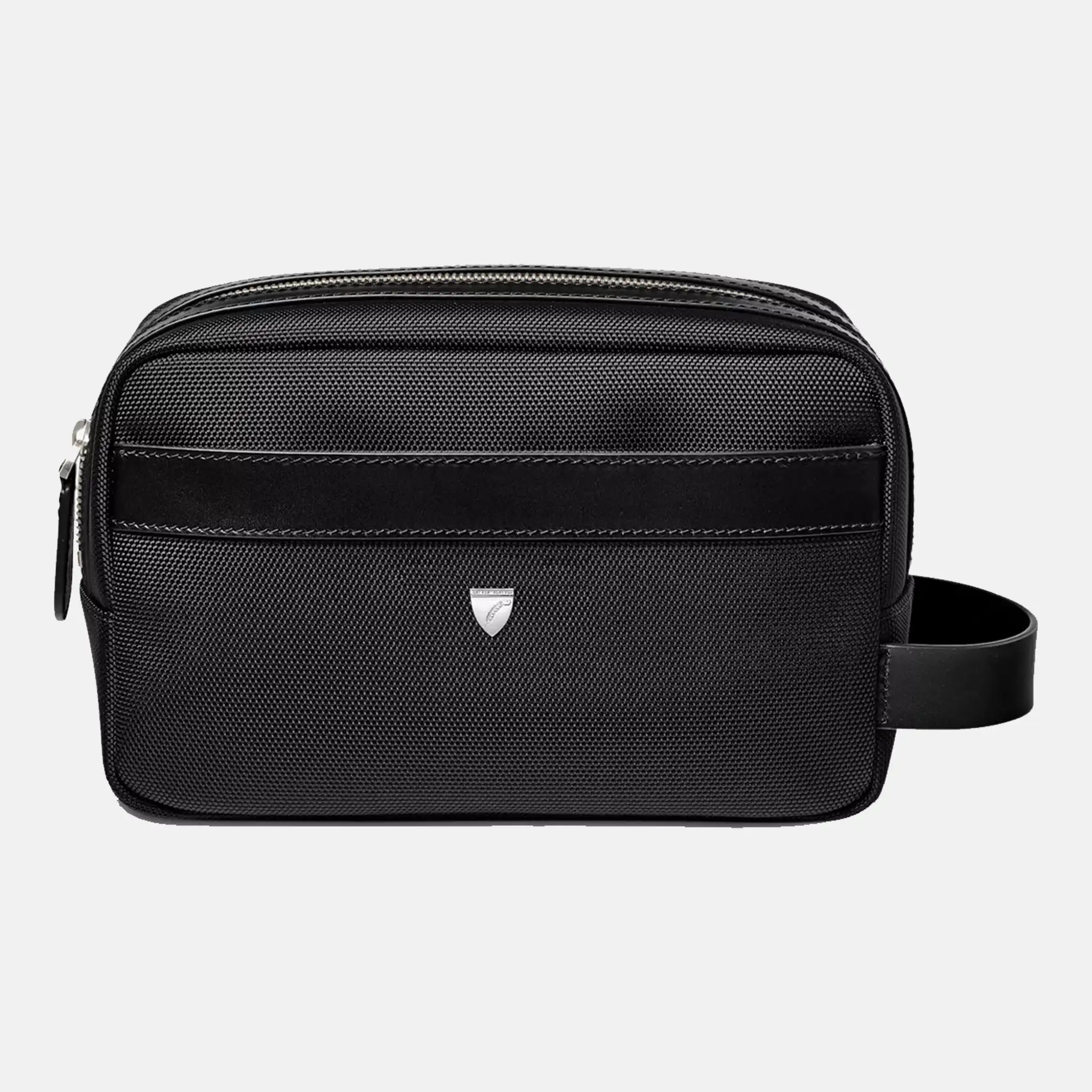Logo-embellished zipped woven black wash bag