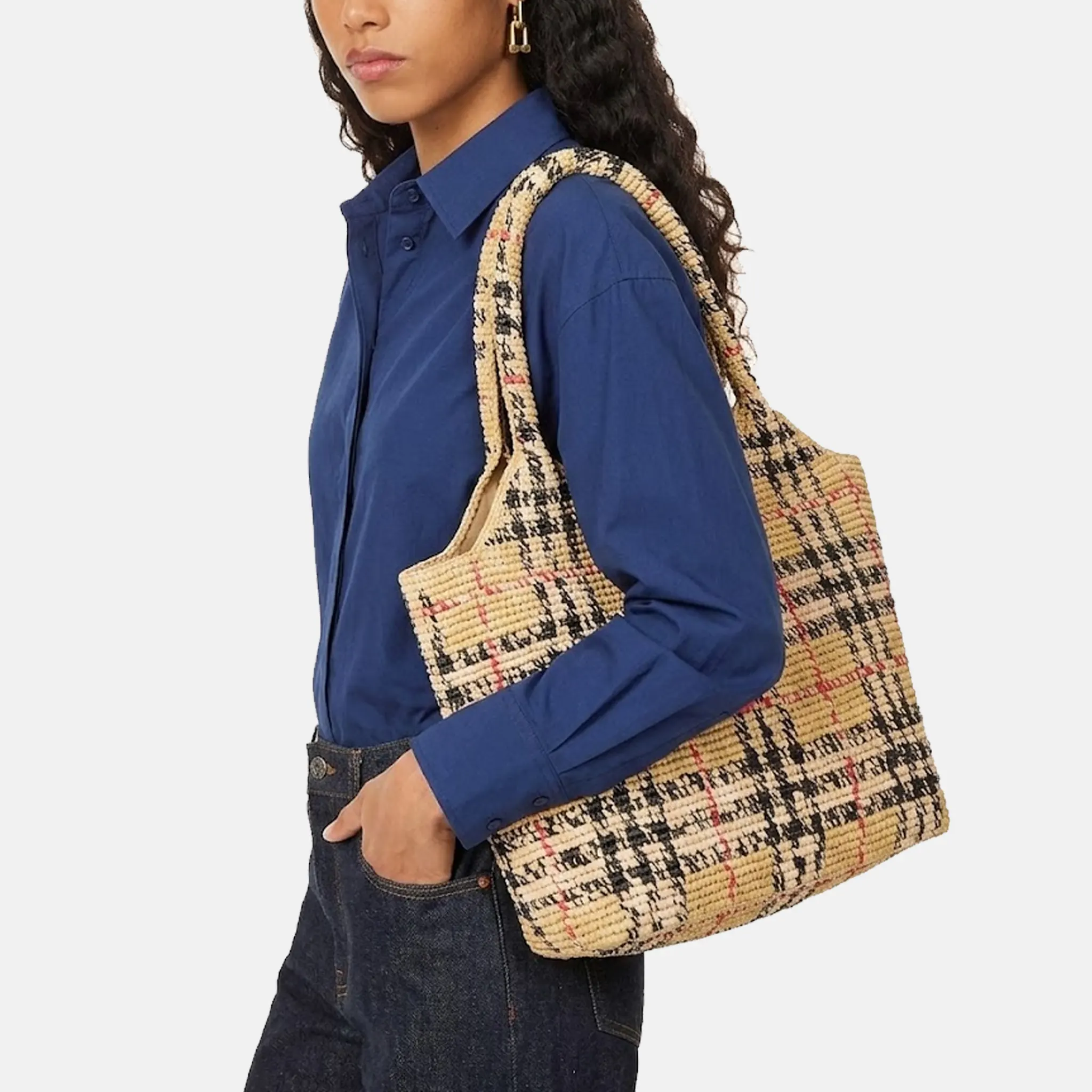 Small Check Raffia Tote Bag