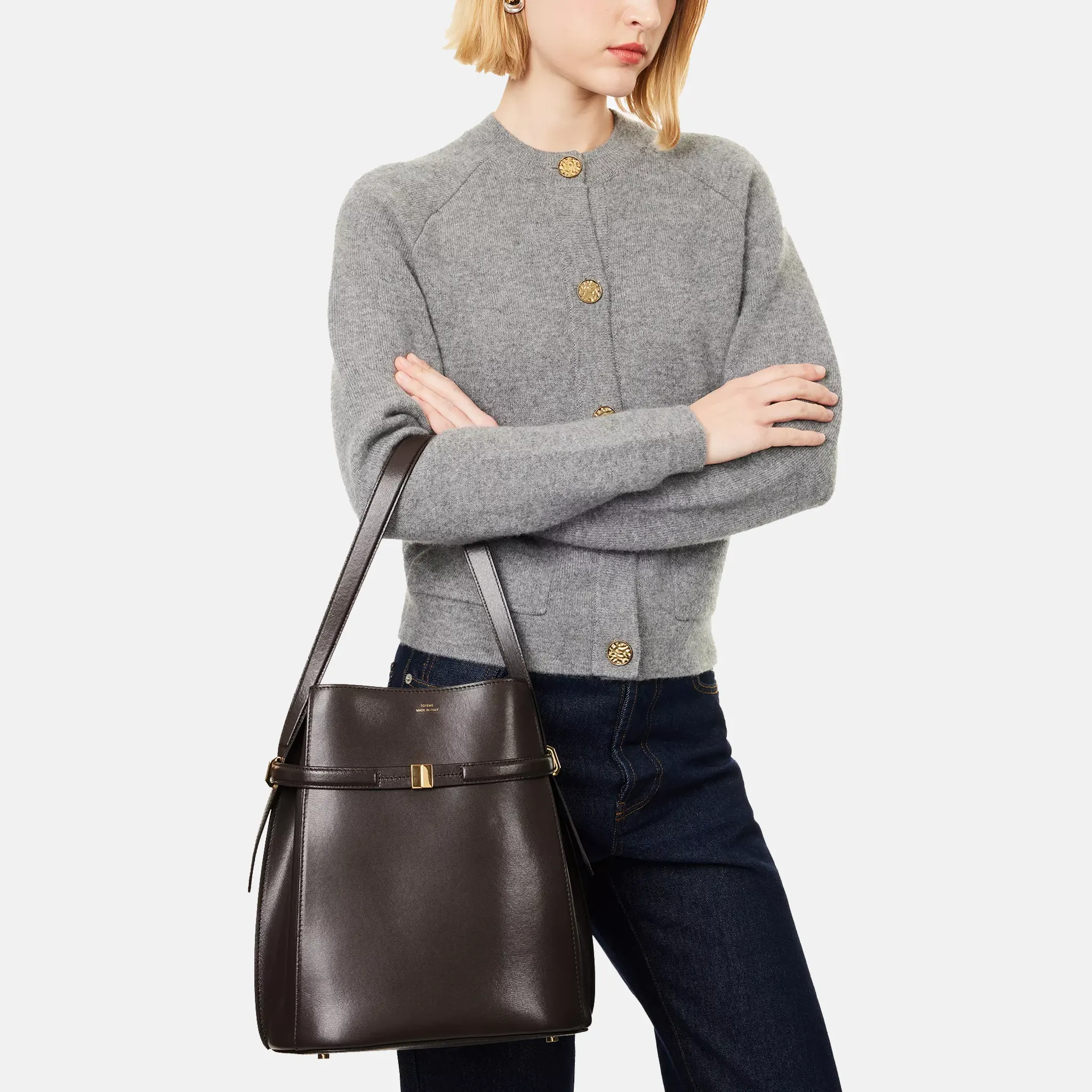 Belted Leather Bucket Bark Bag